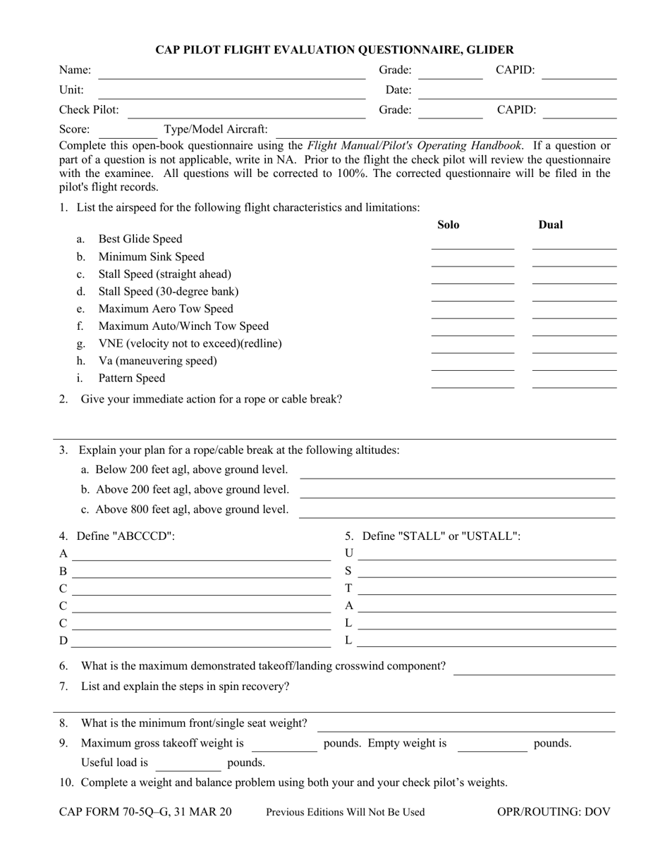 CAP Form 70-5Q-G Pilot Flight Evaluation, Questionnaire, Glider, Page 1