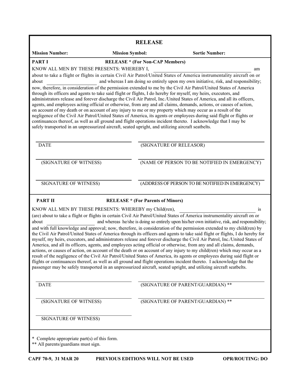 Form CAPF70-9 Release, Page 1