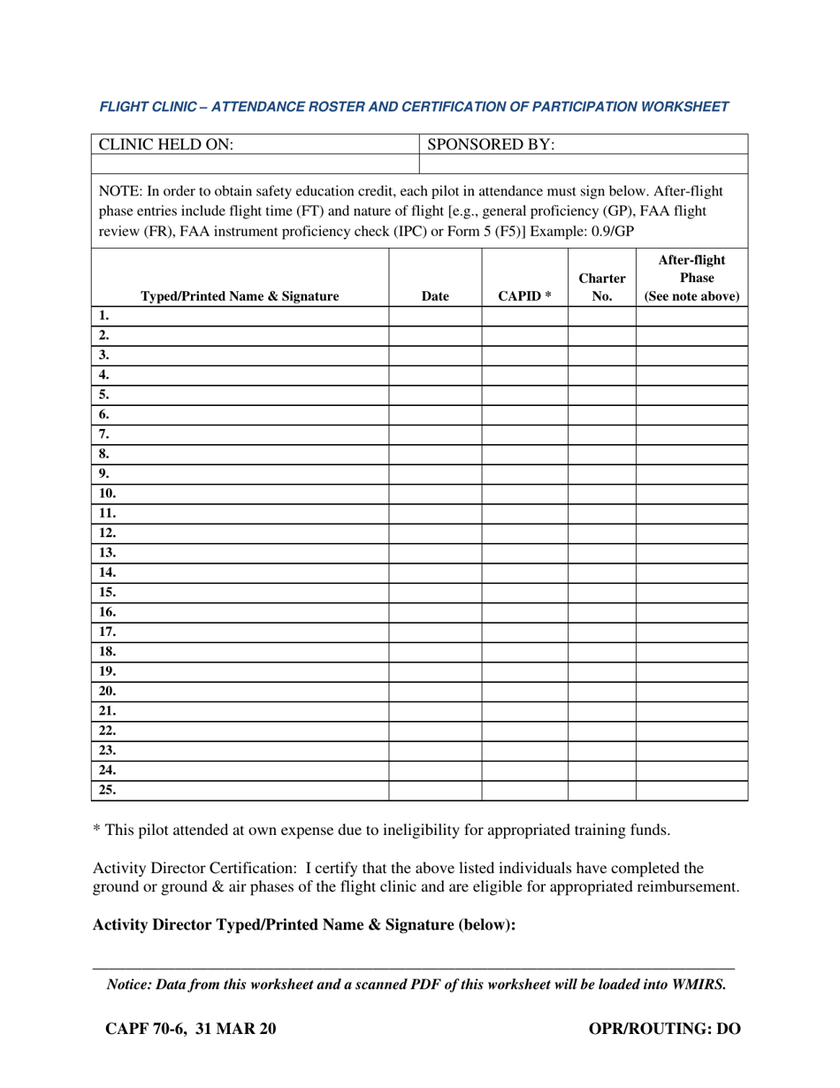 Form CAPF70-6 Flight Clinic - Attendance Roster and Certification of Participation Worksheet, Page 1
