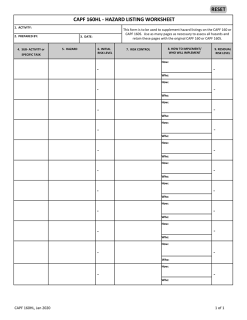 Form CAPF160HL Hazard Listing Worksheet