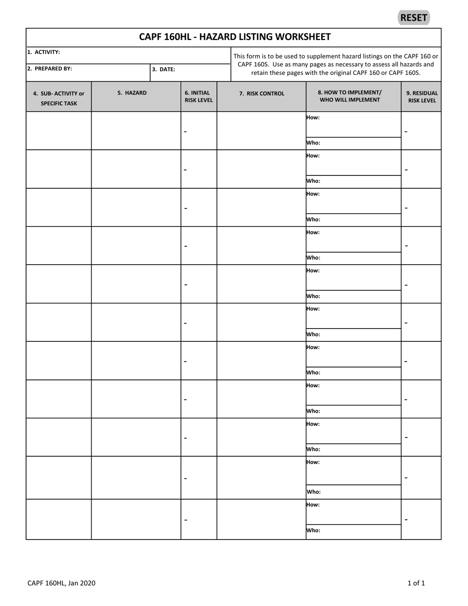 Form CAPF160HL Hazard Listing Worksheet, Page 1