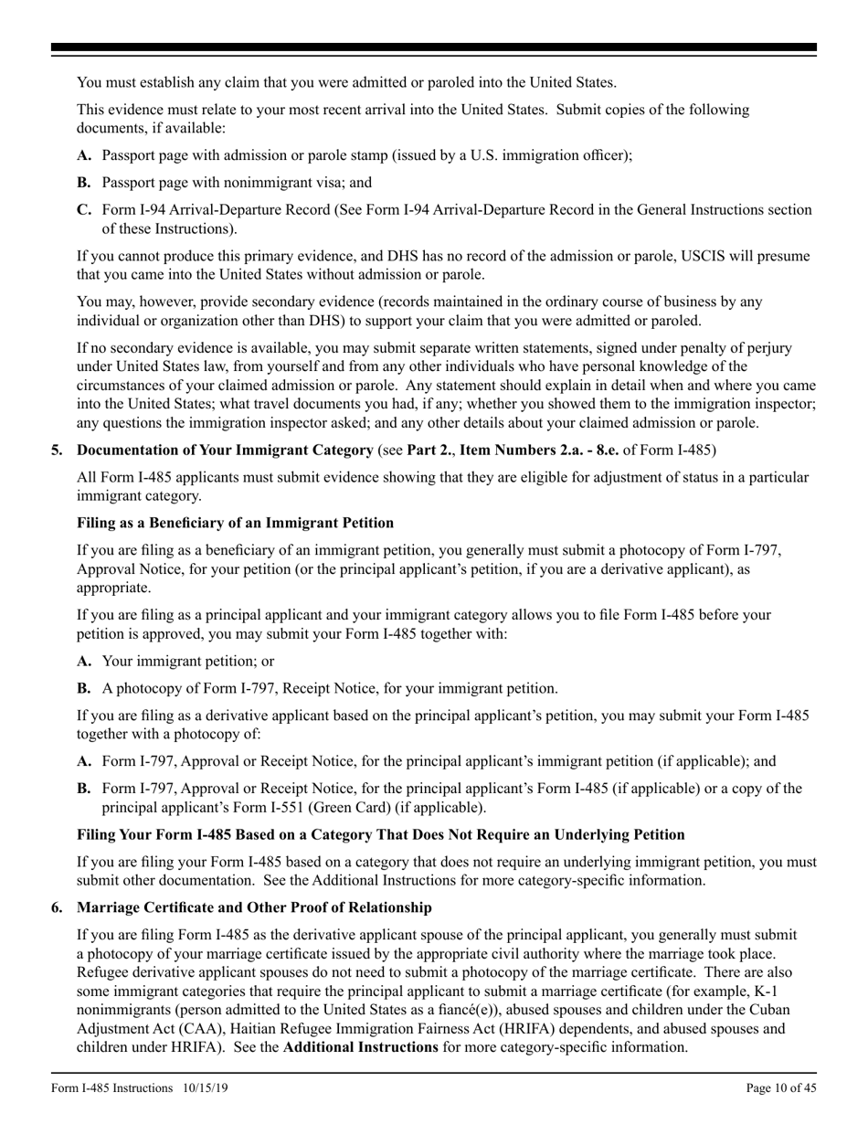 Instructions for USCIS Form I-485 Application to Register Permanent Residence or Adjust Status, Page 10