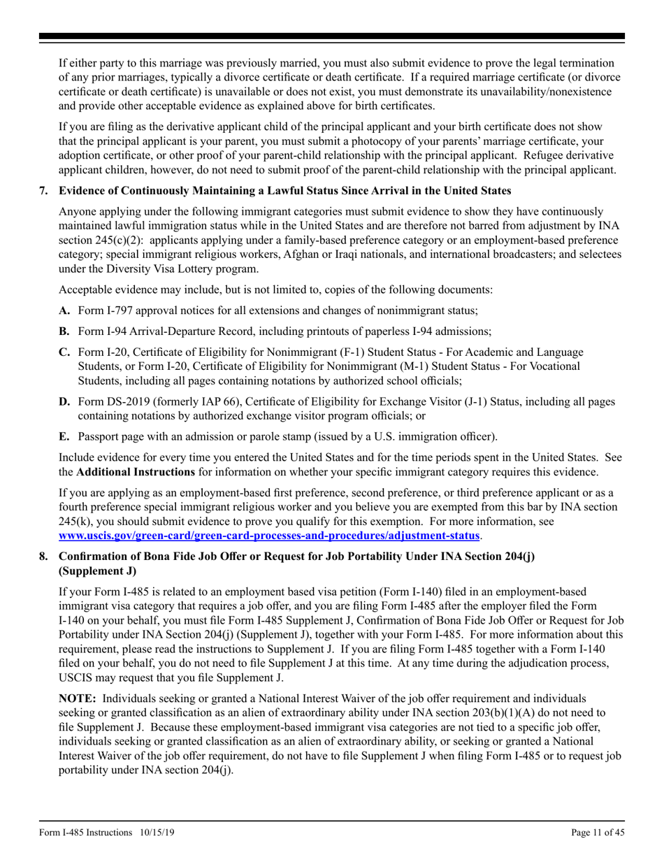 Instructions for USCIS Form I-485 Application to Register Permanent Residence or Adjust Status, Page 11