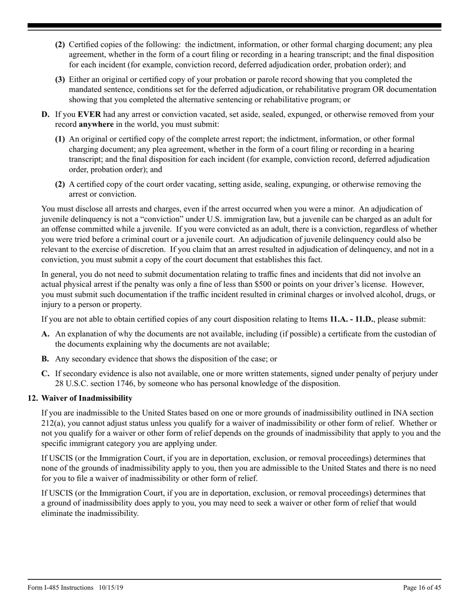 Instructions for USCIS Form I-485 Application to Register Permanent Residence or Adjust Status, Page 16