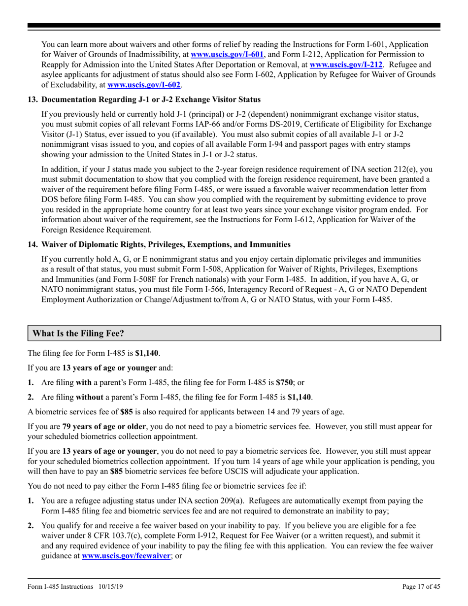 Instructions for USCIS Form I-485 Application to Register Permanent Residence or Adjust Status, Page 17