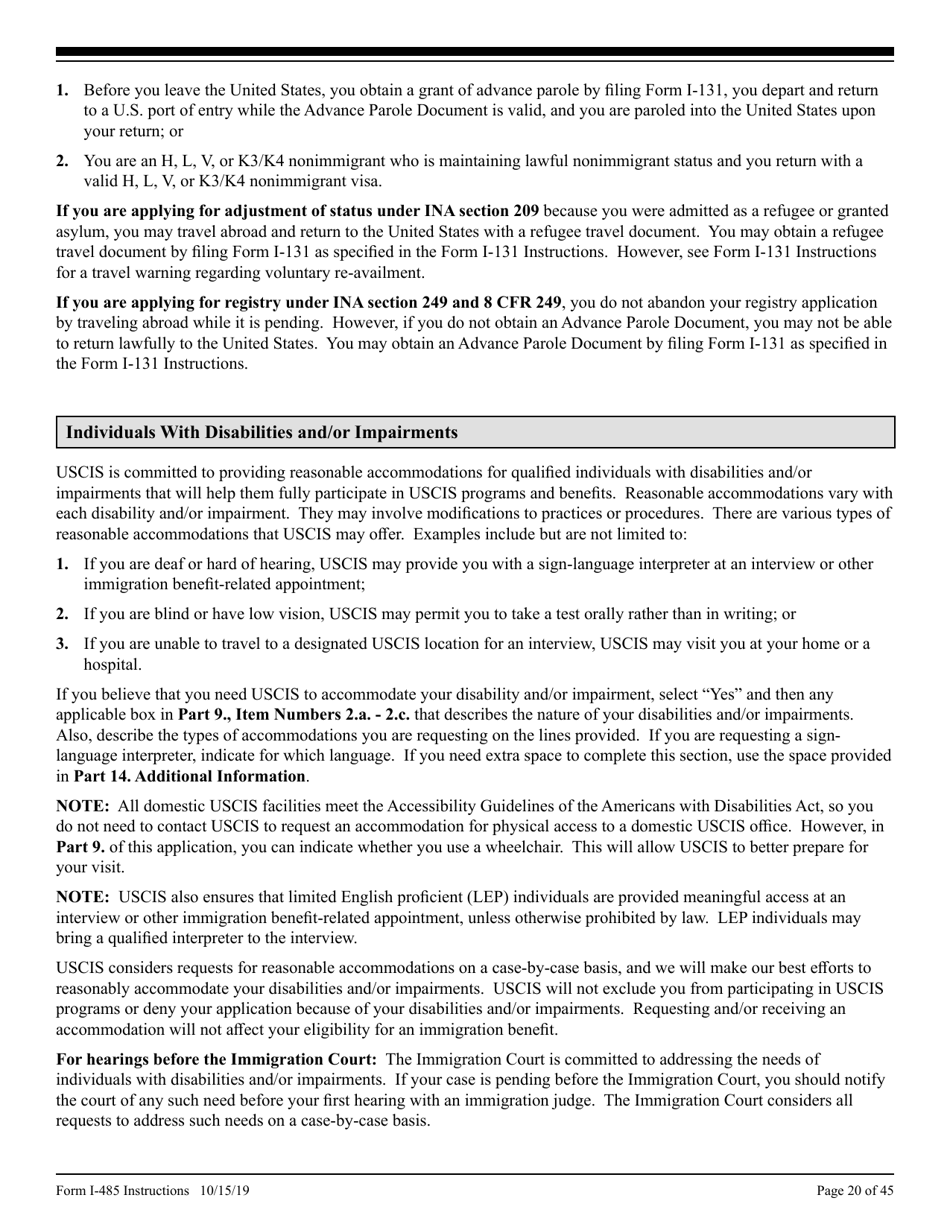 Instructions for USCIS Form I-485 Application to Register Permanent Residence or Adjust Status, Page 20