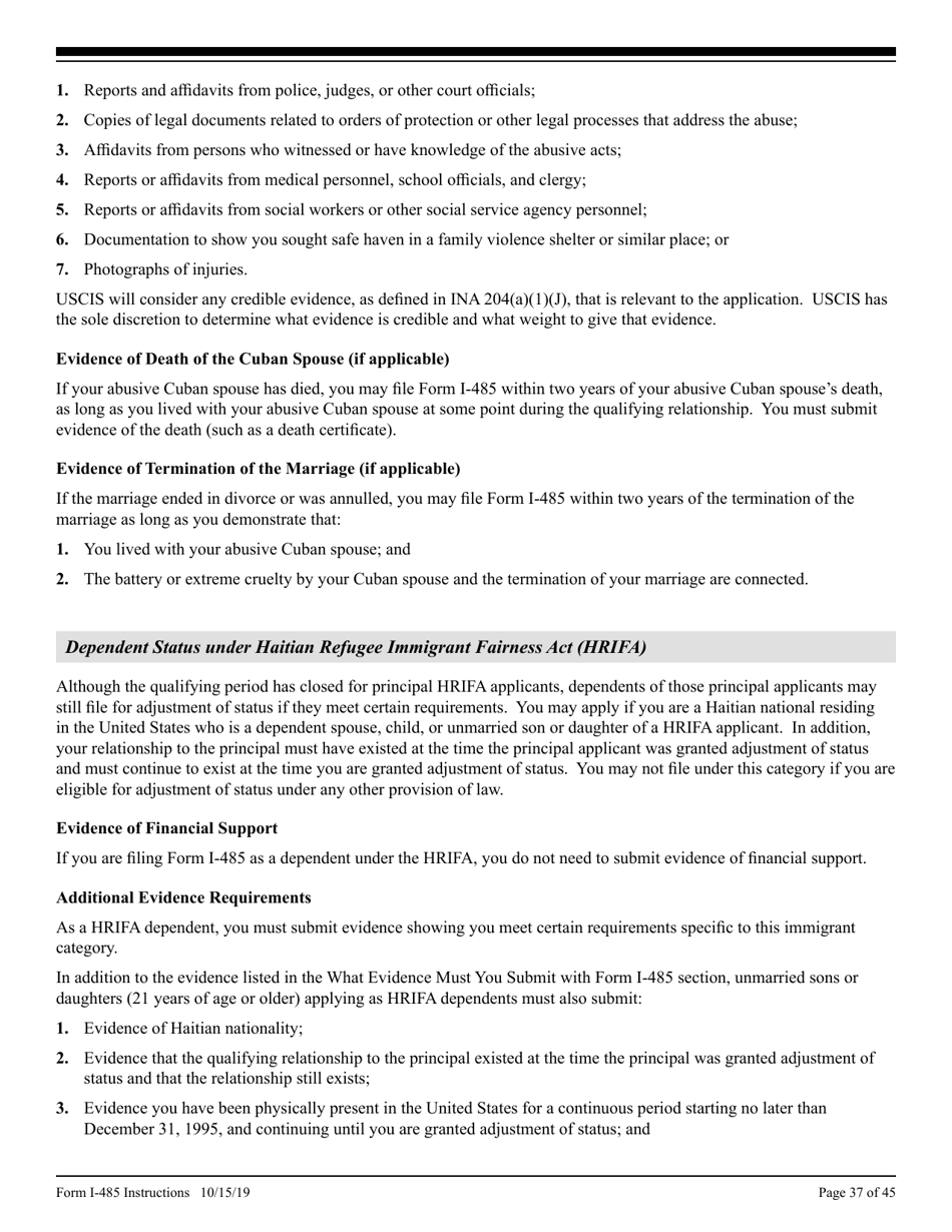 Instructions for USCIS Form I-485 Application to Register Permanent Residence or Adjust Status, Page 37