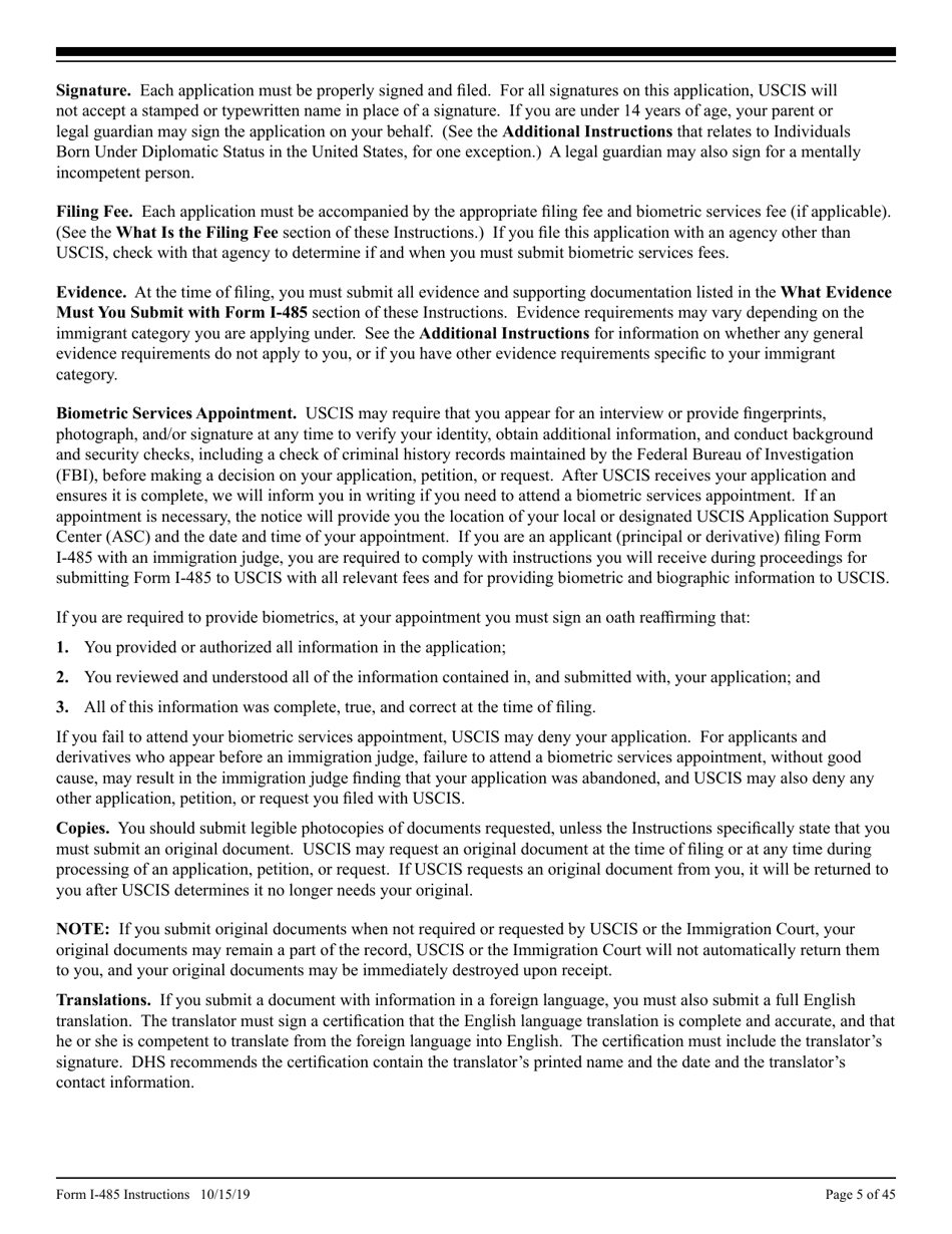 Instructions for USCIS Form I-485 Application to Register Permanent Residence or Adjust Status, Page 5