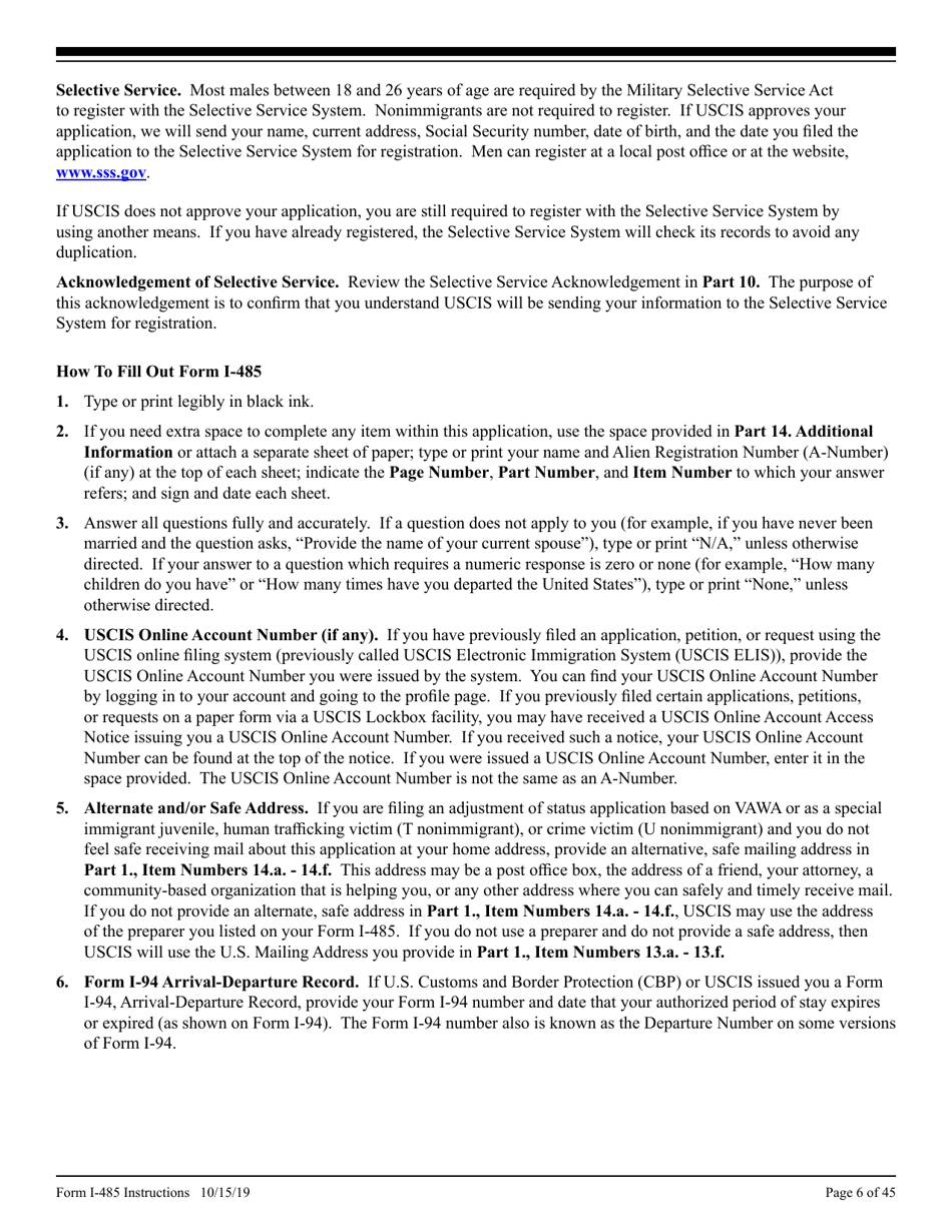 Instructions for USCIS Form I-485 Application to Register Permanent Residence or Adjust Status, Page 6