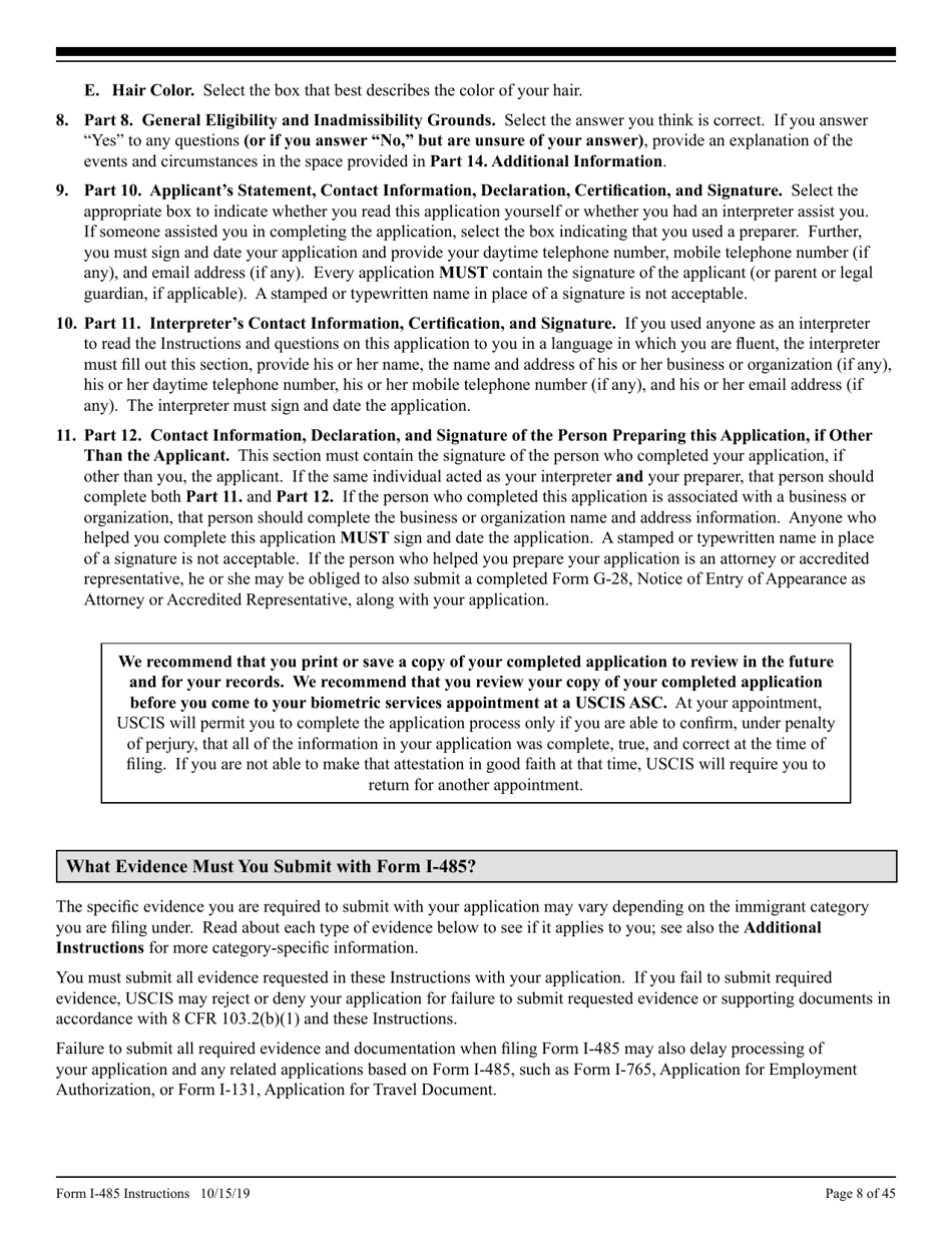 Instructions for USCIS Form I-485 Application to Register Permanent Residence or Adjust Status, Page 8