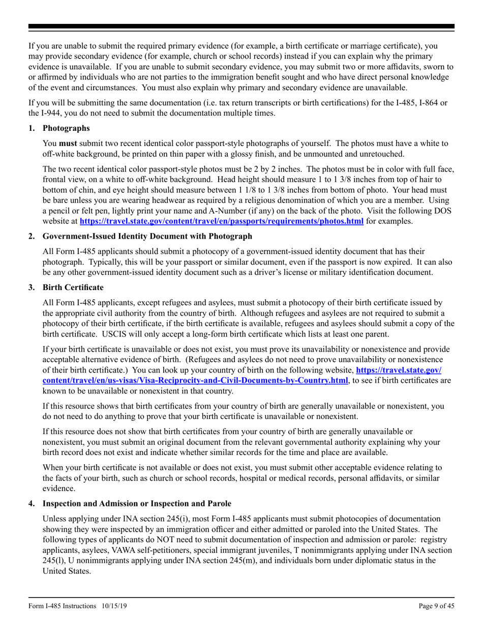 Instructions for USCIS Form I-485 Application to Register Permanent Residence or Adjust Status, Page 9
