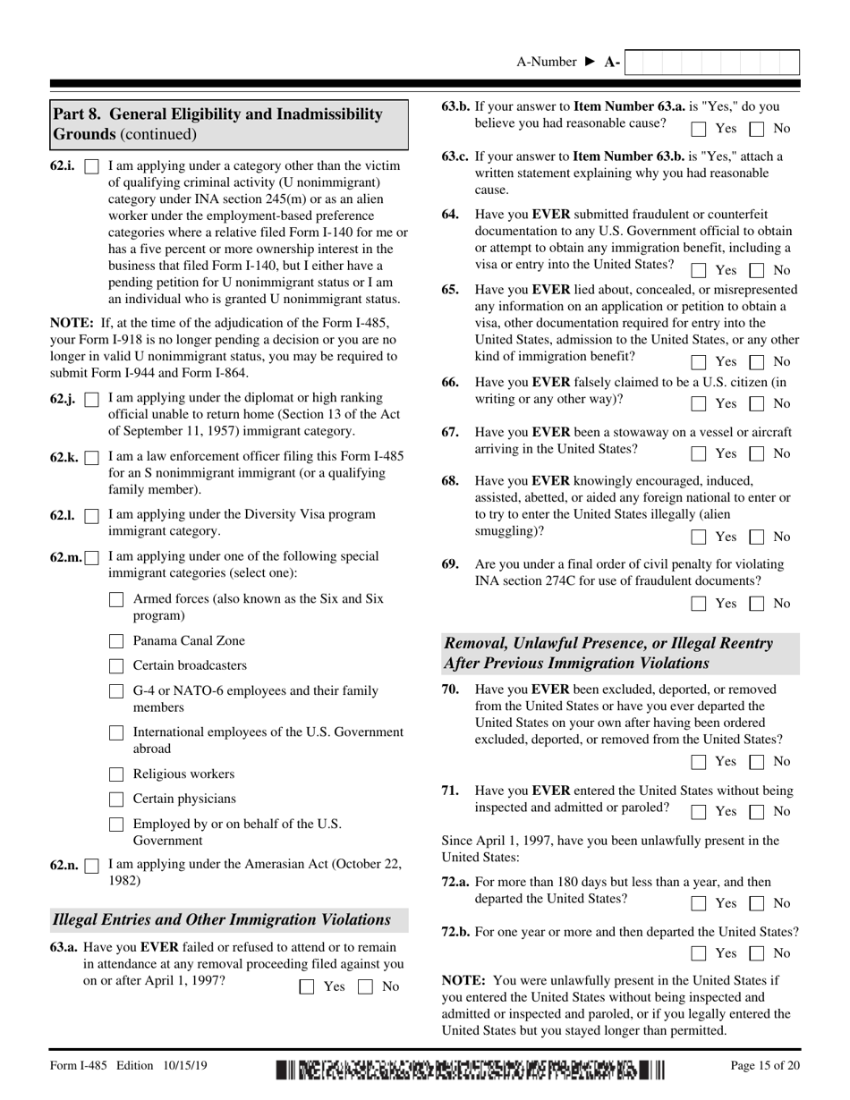 USCIS Form I-485 Application to Register Permanent Residence or Adjust Status, Page 15