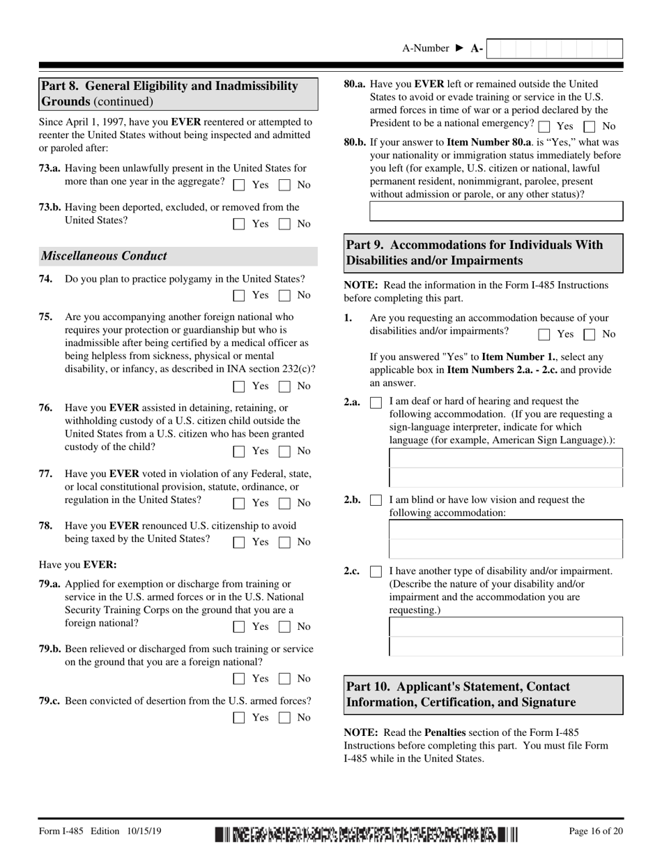 USCIS Form I-485 Application to Register Permanent Residence or Adjust Status, Page 16