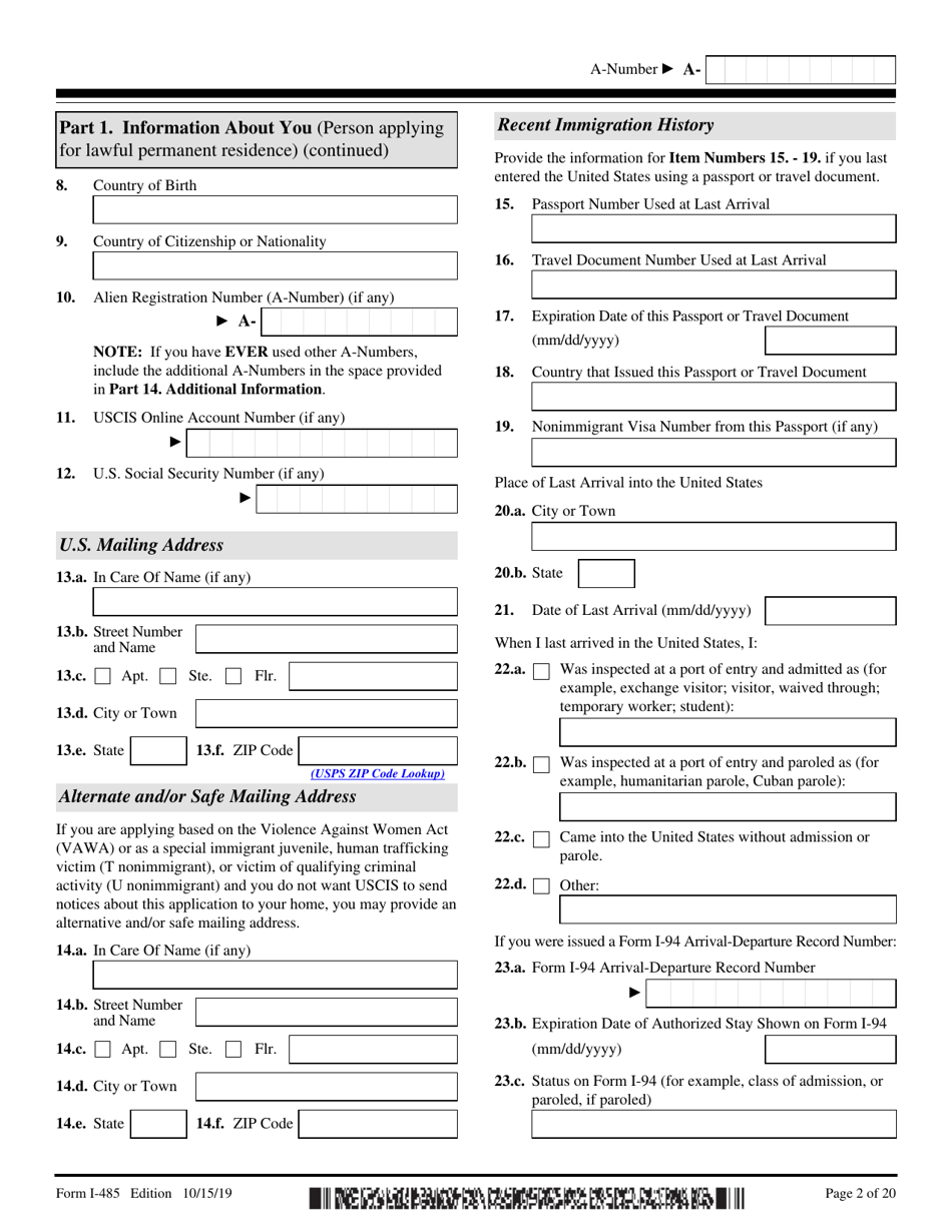 USCIS Form I-485 Application to Register Permanent Residence or Adjust Status, Page 2