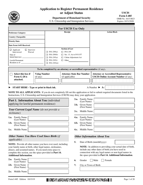 USCIS Form I-485  Printable Pdf