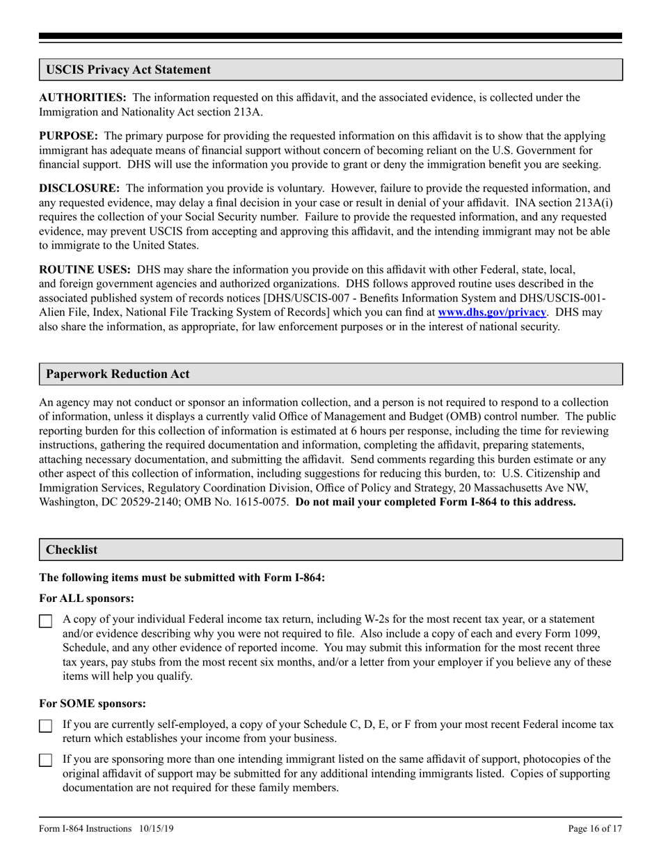 Instructions for USCIS Form I-864 Affidavit of Support Under Section 213a of the Ina, Page 16