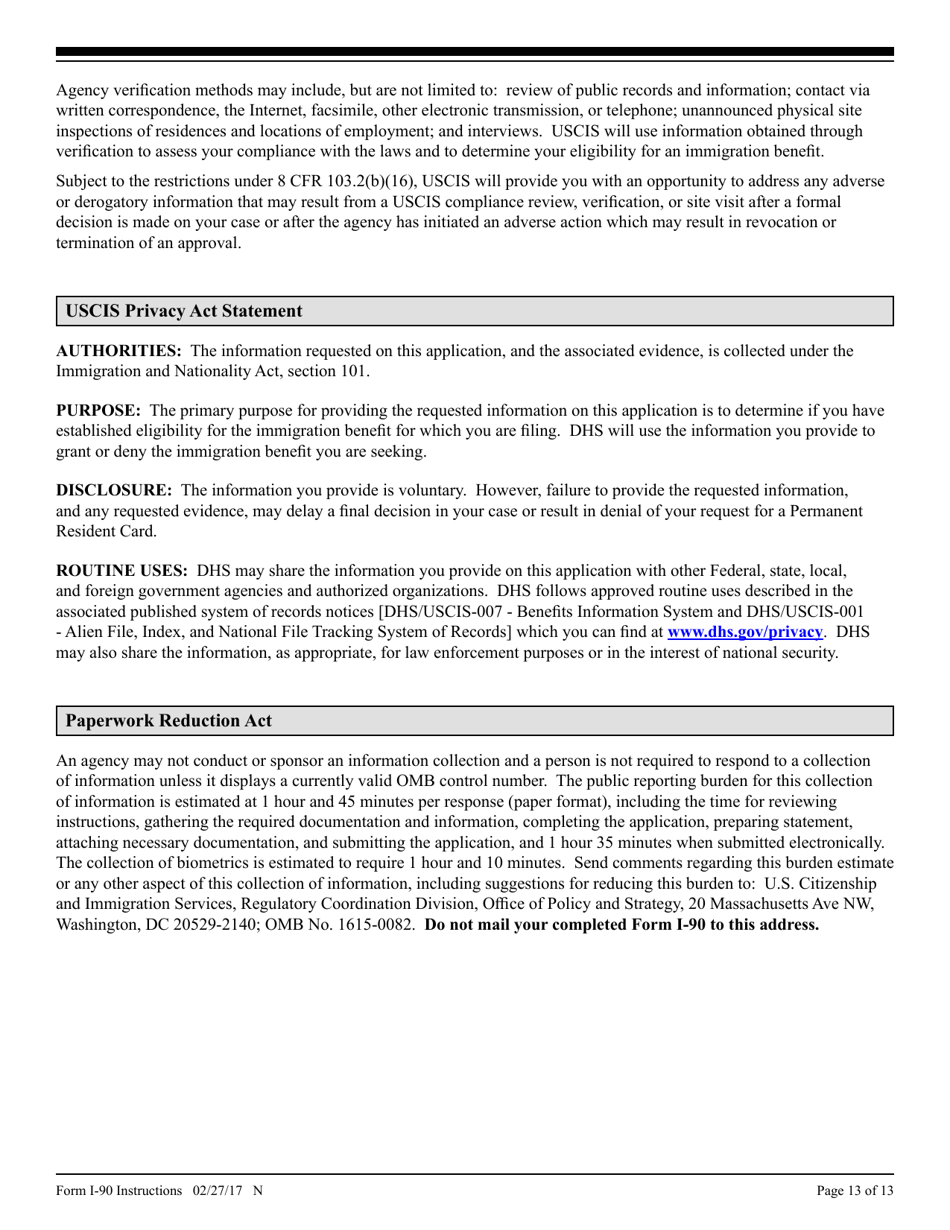 Instructions for USCIS Form I-90 Application to Replace Permanent Resident Card, Page 13