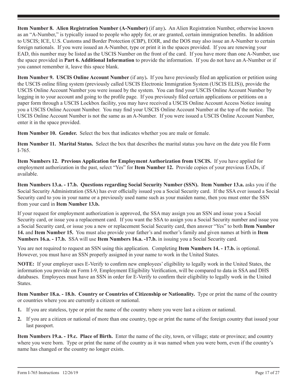 Instructions for USCIS Form I-765 Application for Employment Authorization, Page 17