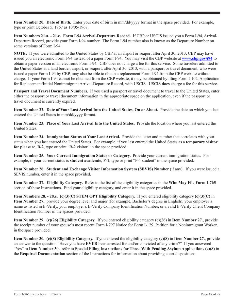 Instructions for USCIS Form I-765 Application for Employment Authorization, Page 18