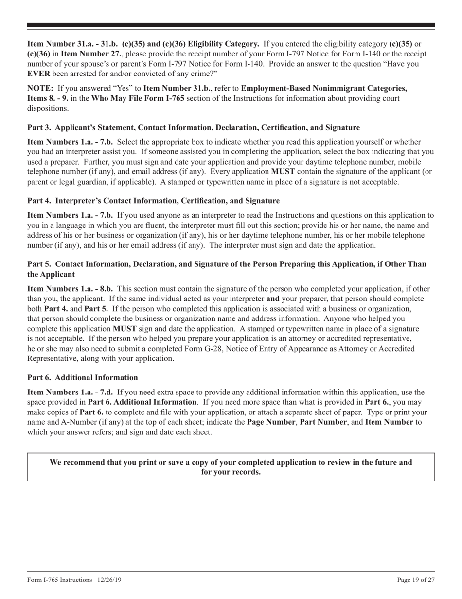 Instructions for USCIS Form I-765 Application for Employment Authorization, Page 19
