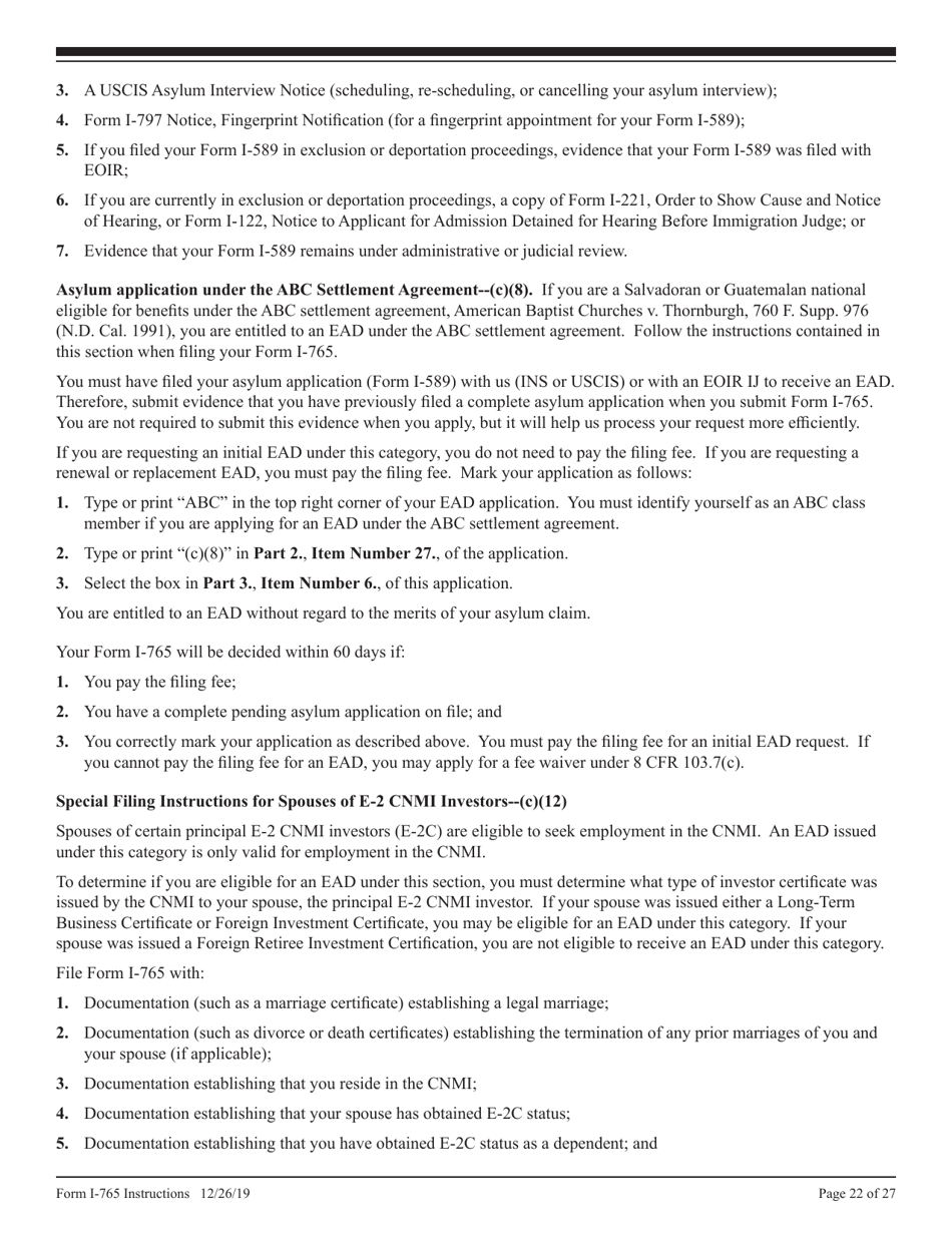 Instructions for USCIS Form I-765 Application for Employment Authorization, Page 22
