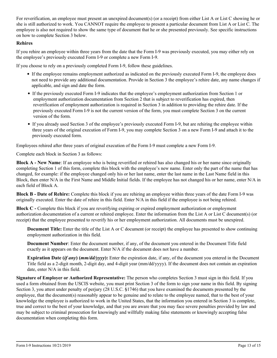 Instructions for USCIS Form I-9 Employment Eligibility Verification, Page 13