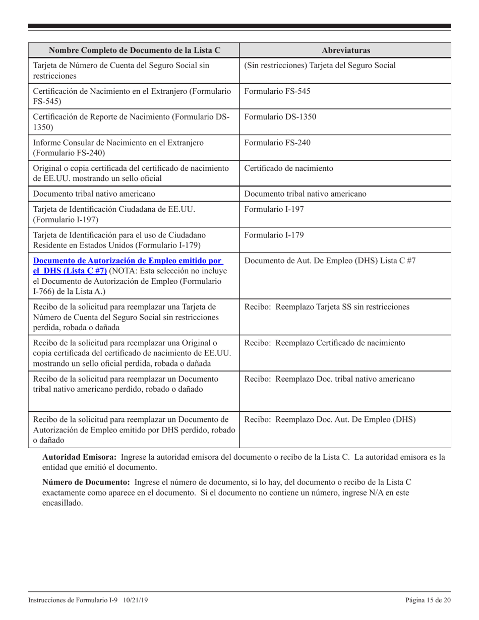 Instrucciones para USCIS Formulario I-9 Verificacion De Elegibilidad De Empleo (Spanish), Page 15