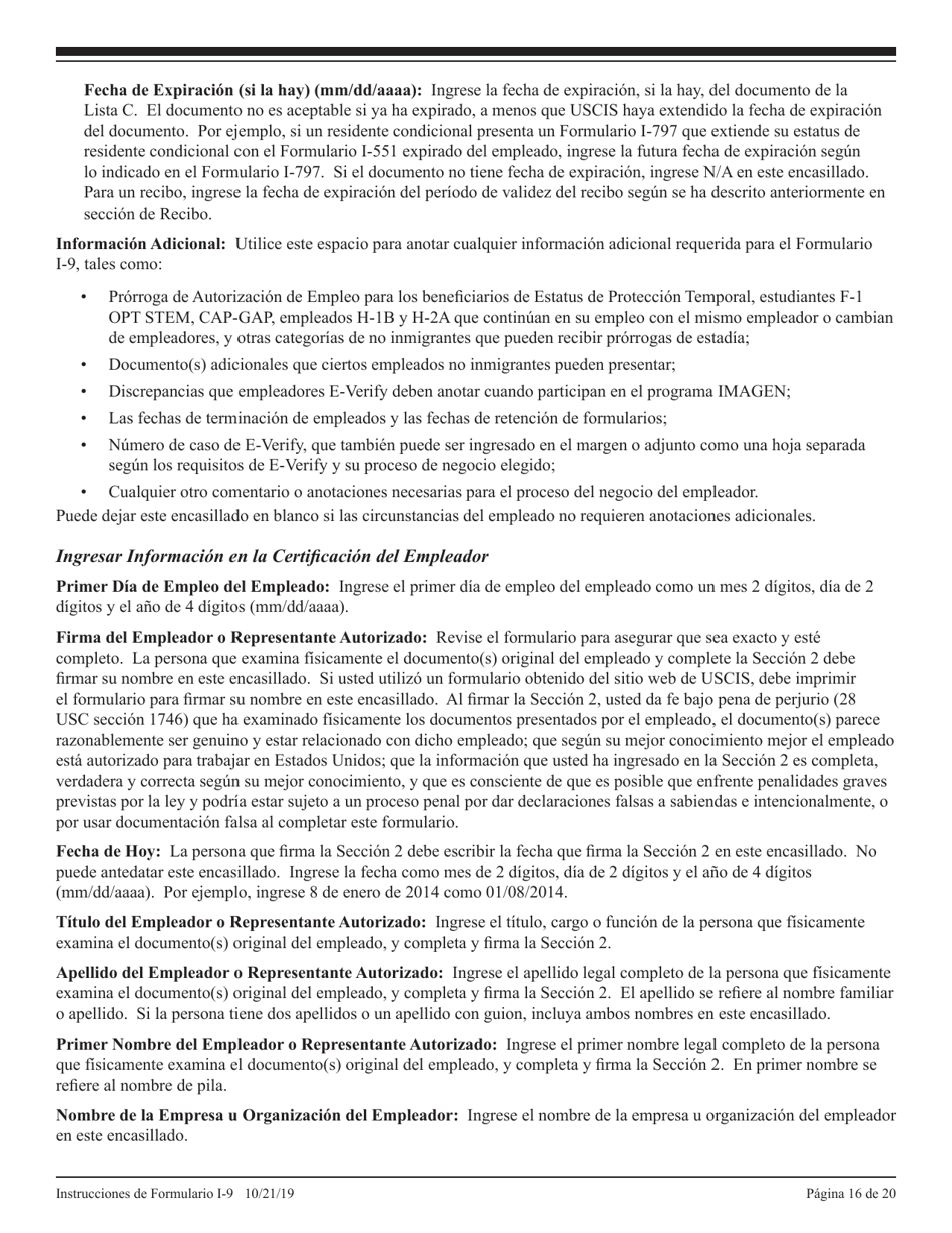Instrucciones para USCIS Formulario I-9 Verificacion De Elegibilidad De Empleo (Spanish), Page 16