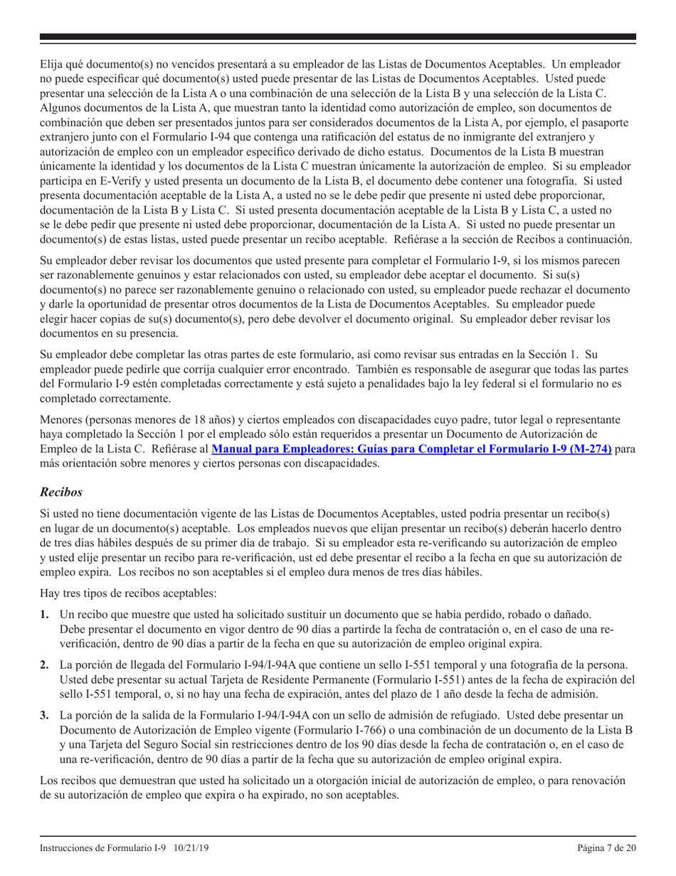 Instrucciones para USCIS Formulario I-9 Verificacion De Elegibilidad De Empleo (Spanish), Page 7