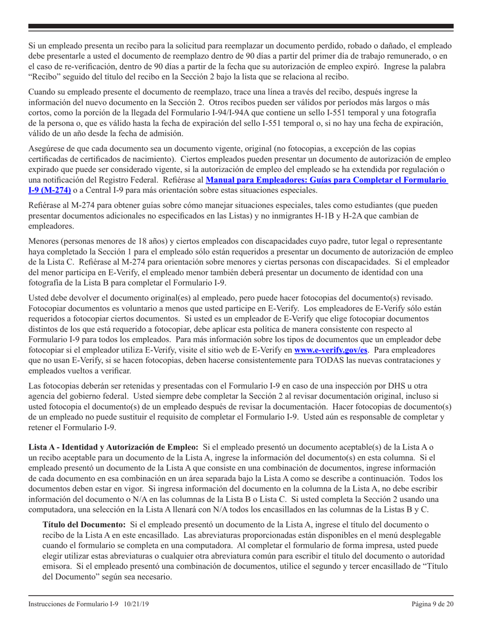 Instrucciones para USCIS Formulario I-9 Verificacion De Elegibilidad De Empleo (Spanish), Page 9