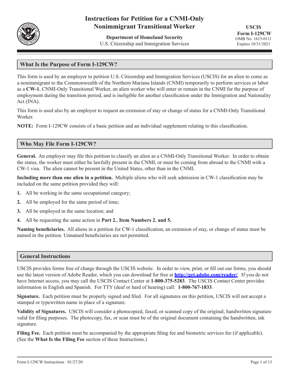 Download Instructions for USCIS Form I-129CW Petition for a CNMI-Only ...