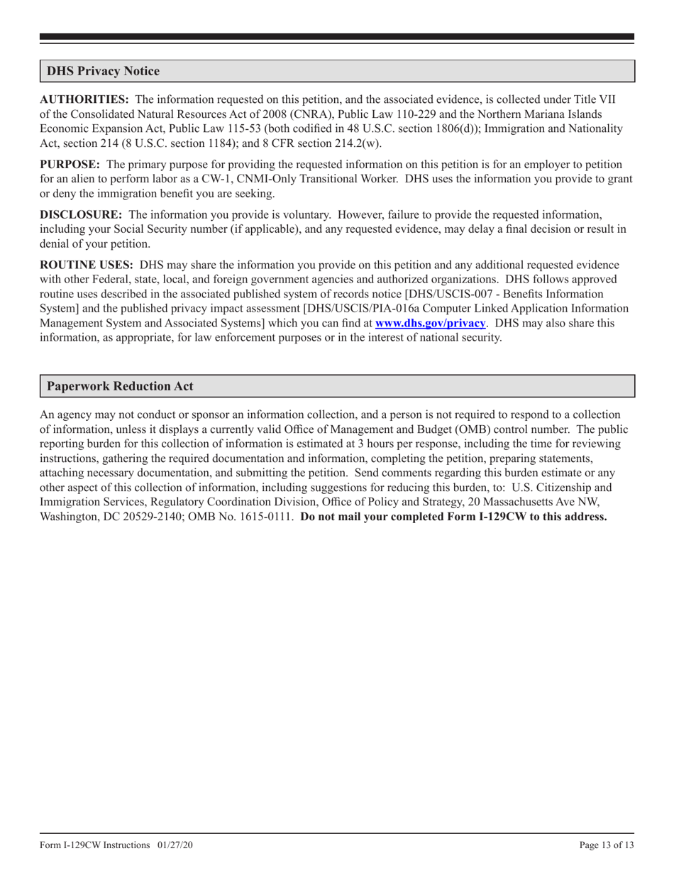 Instructions for USCIS Form I-129CW Petition for a CNMI-Only Nonimmigrant Transitional Worker, Page 13