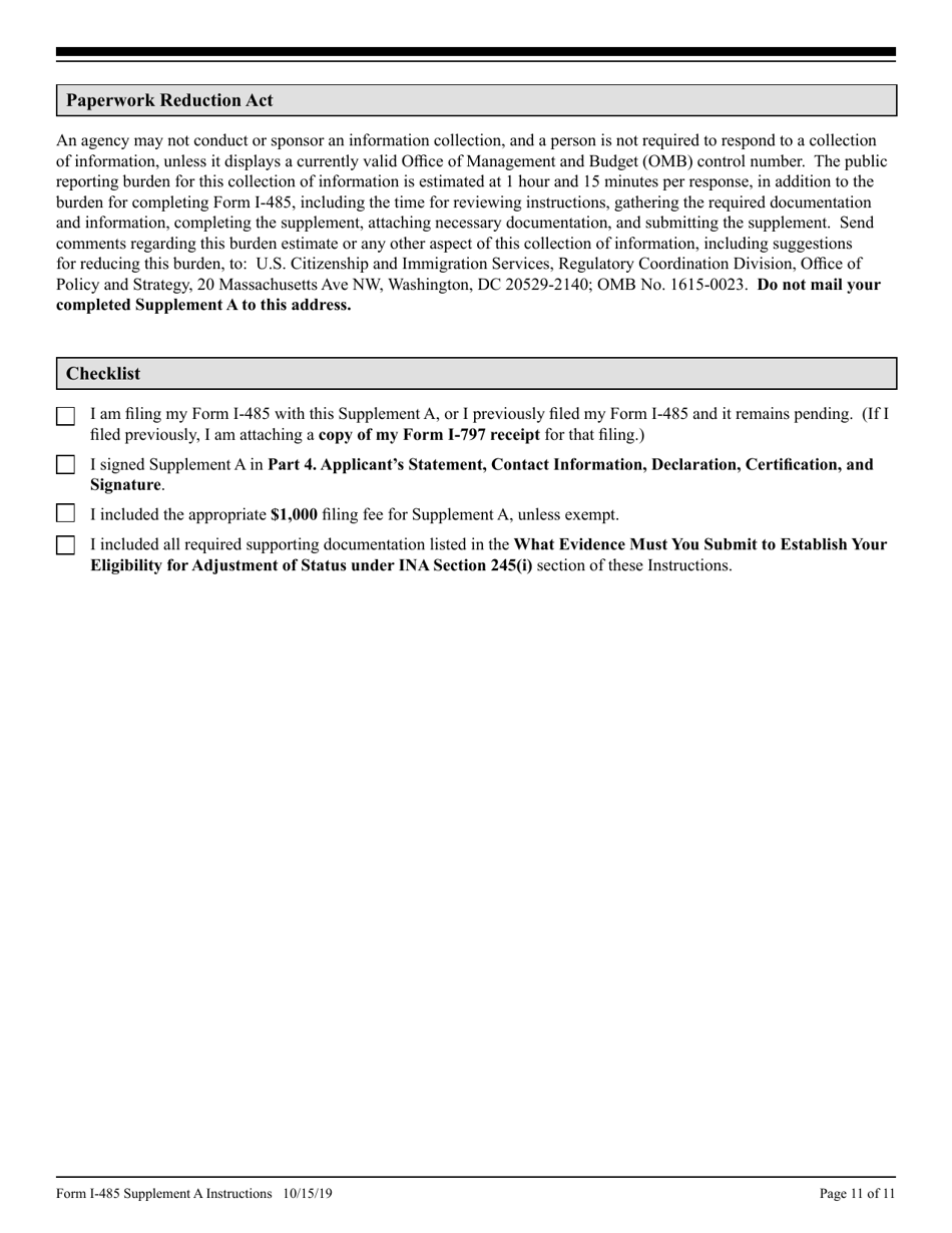 Instructions for USCIS Form I-485 Supplement A Adjustment of Status Under Section 245 (I), Page 11