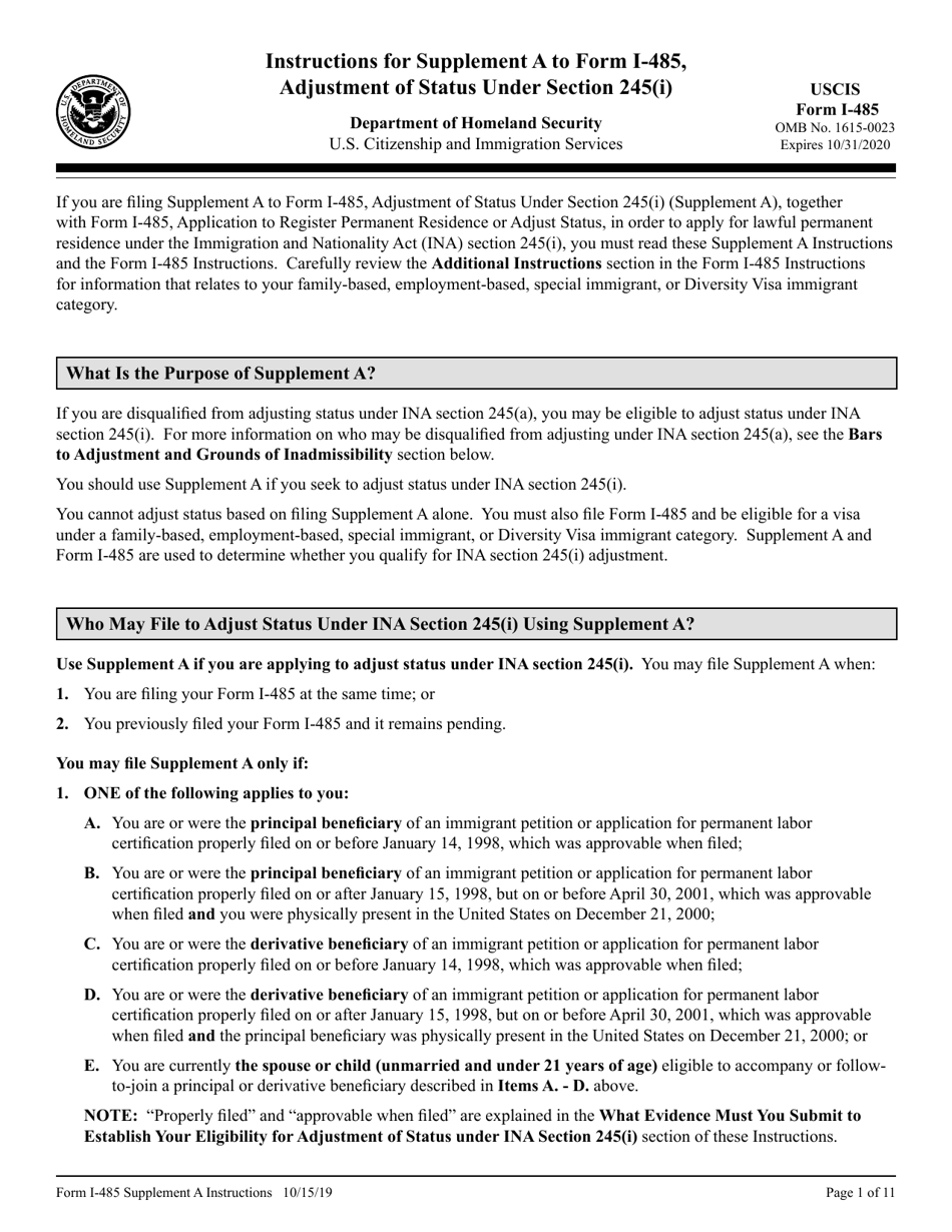 Instructions for USCIS Form I-485 Supplement A Adjustment of Status Under Section 245 (I), Page 1