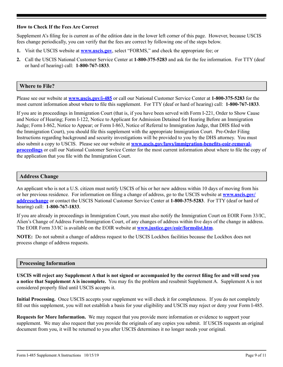 Instructions for USCIS Form I-485 Supplement A Adjustment of Status Under Section 245 (I), Page 9