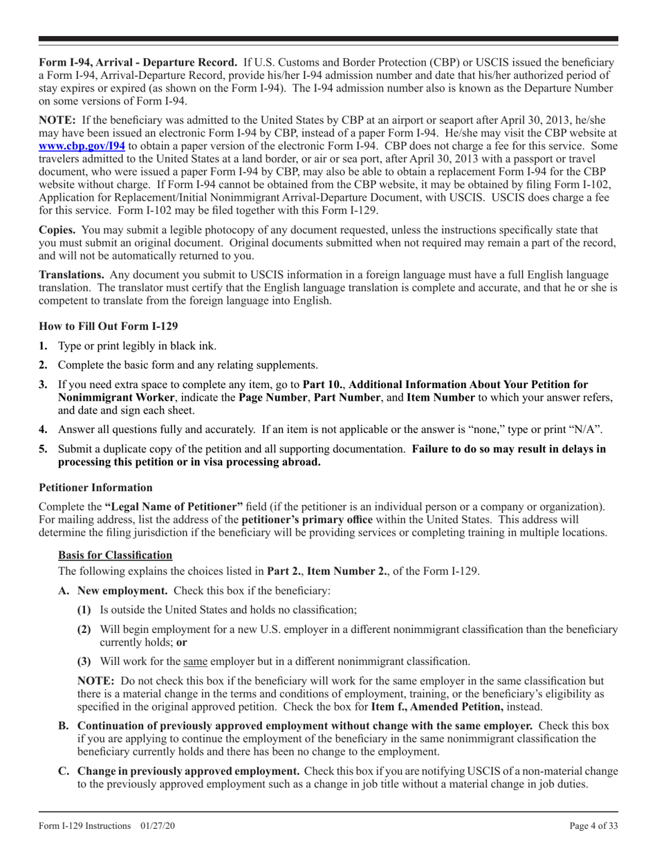 Instructions for USCIS Form I-129 Petition for Nonimmigrant Worker, Page 4
