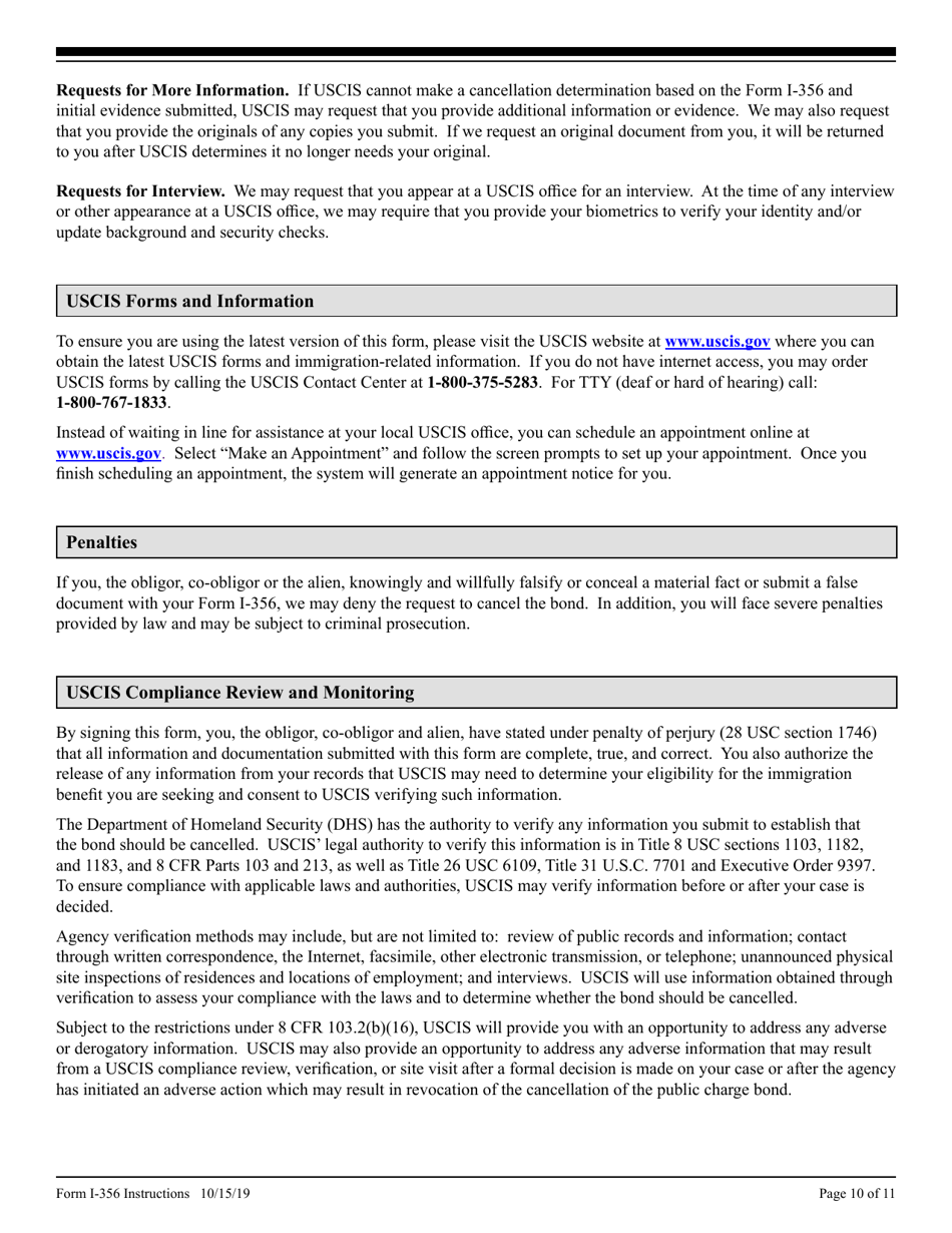 Instructions for USCIS Form I-356 Request for Cancellation of Public Charge Bond, Page 10