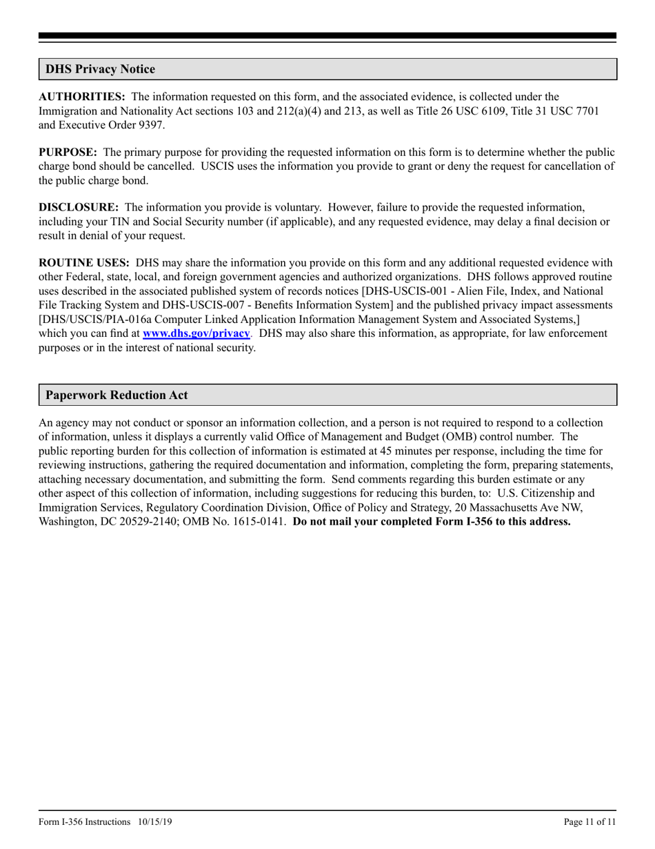Instructions for USCIS Form I-356 Request for Cancellation of Public Charge Bond, Page 11