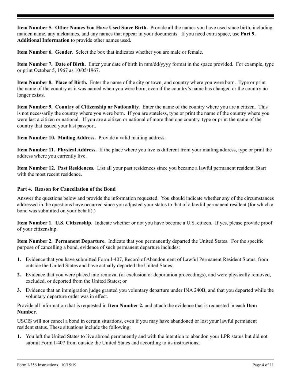 Instructions for USCIS Form I-356 Request for Cancellation of Public Charge Bond, Page 4