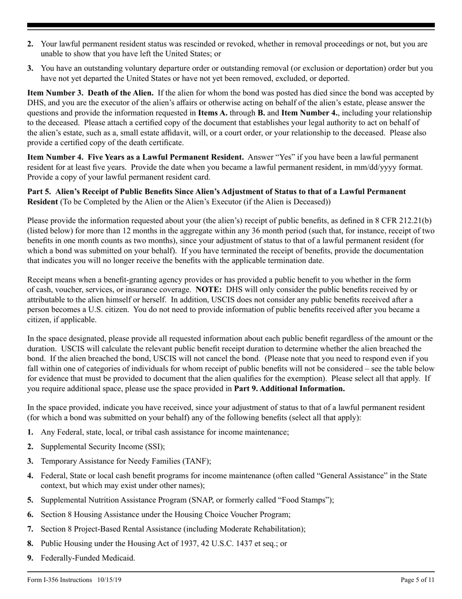 Instructions for USCIS Form I-356 Request for Cancellation of Public Charge Bond, Page 5