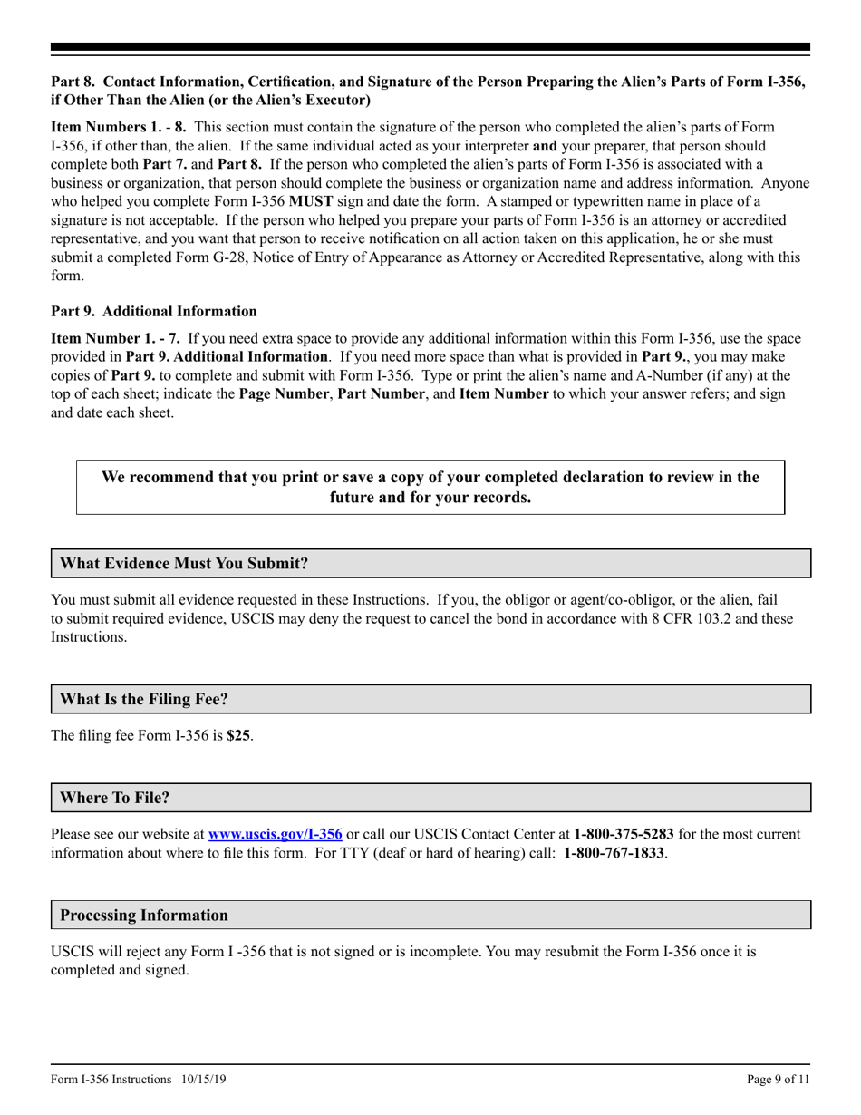 Instructions for USCIS Form I-356 Request for Cancellation of Public Charge Bond, Page 9
