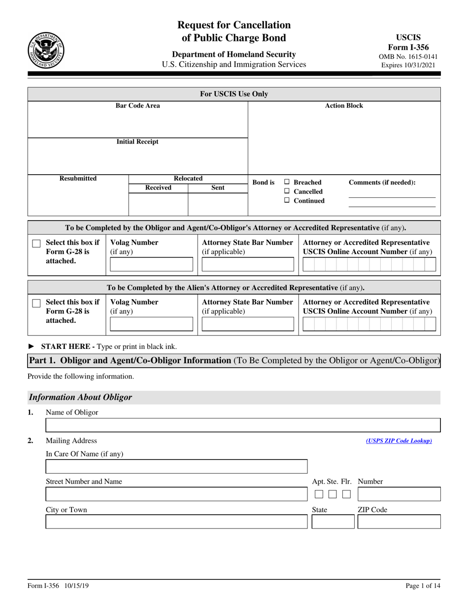USCIS Form I-356 Request for Cancellation of Public Charge Bond, Page 1