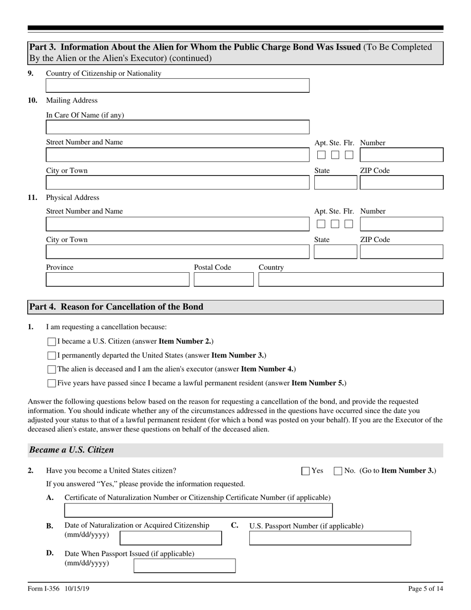 USCIS Form I-356 Request for Cancellation of Public Charge Bond, Page 5