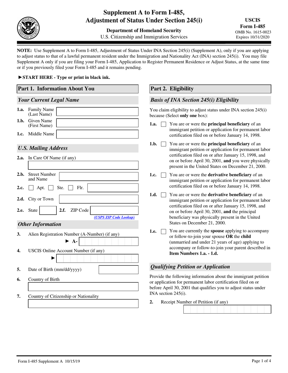 USCIS Form I-485 Supplement A Adjustment of Status Under Section 245(I), Page 1