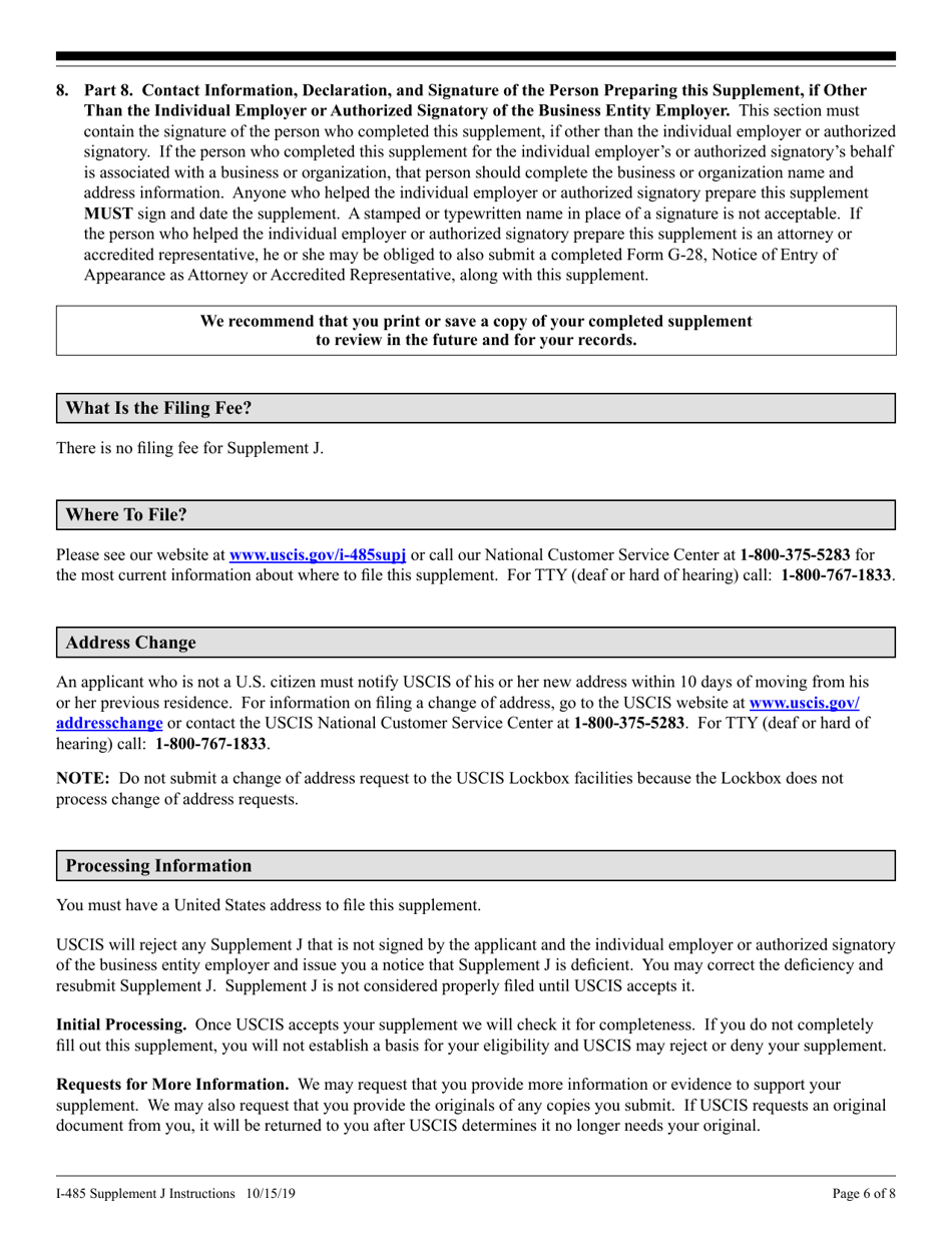 Instructions for USCIS Form I-485 Supplement J Confirmation of Bona Fide Job Offer or Request for Job Portability Under Ina Section 204(J), Page 6