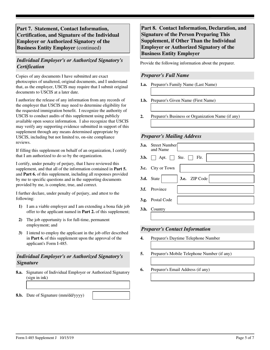 USCIS Form I-485 Supplement J Confirmation of Bona Fide Job Offer or Request for Job Portability Under Ina Section 204(J), Page 5