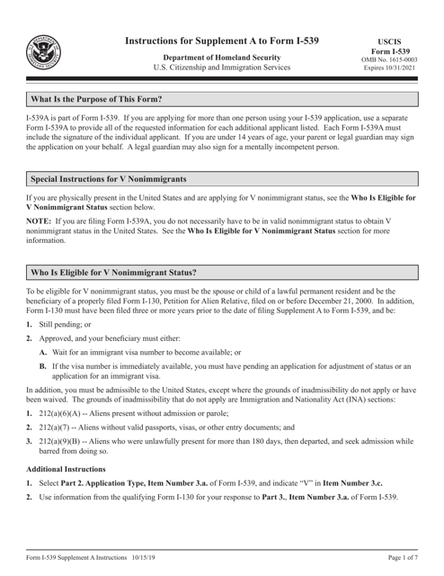 USCIS Form I-539 Supplement A  Printable Pdf