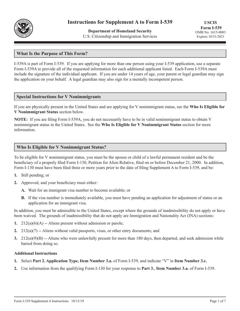 Instructions for USCIS Form I-539 Supplement A Supplemental Information for Application to Extend / Change Nonimmigrant Status, Page 1