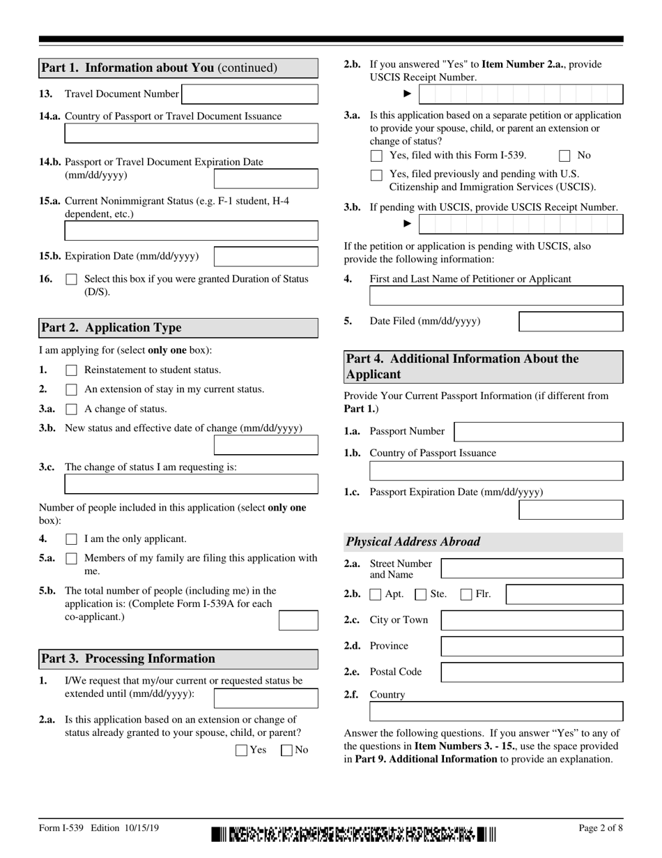 USCIS Form I-539 Application to Extend / Change Nonimmigrant Status, Page 2