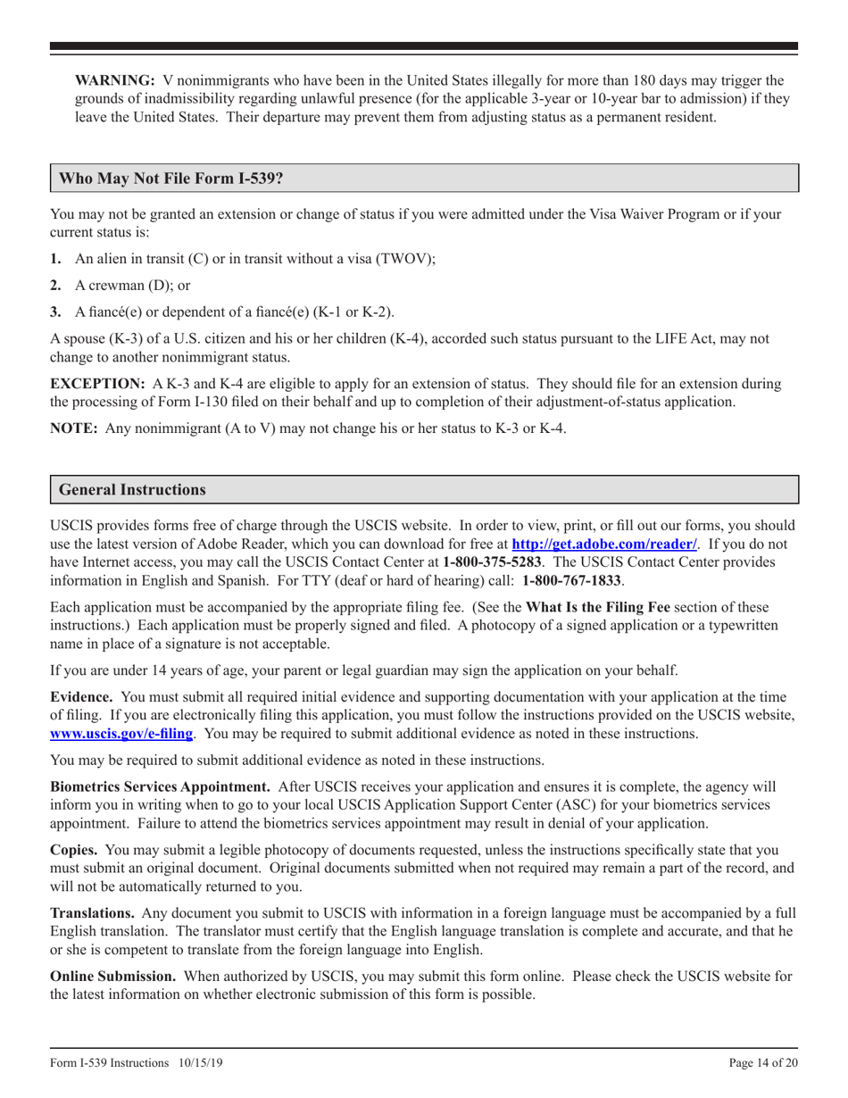 Instructions for USCIS Form I-539 Application to Extend / Change Nonimmigrant Status, Page 14